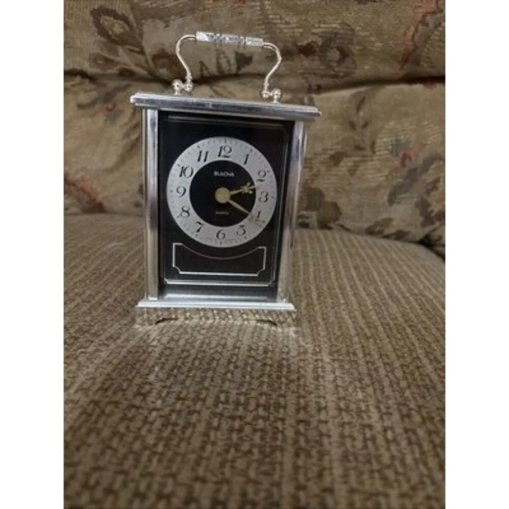Bulova Quartz Carriage Clock Gold Tone Running AA Battery Black Face West German - Picture 1 of 7